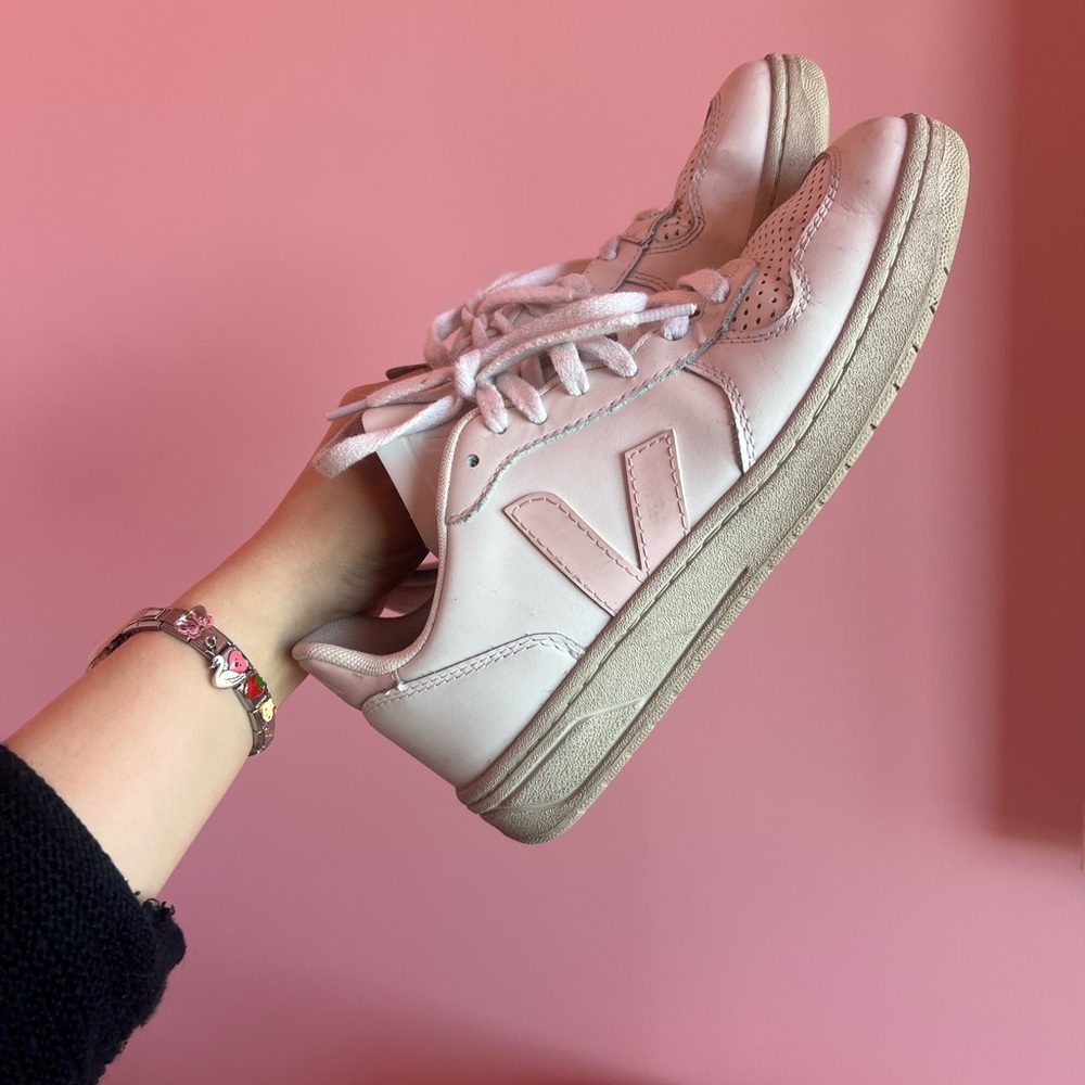 Veja White and Pink Minimalist Sneakers V-12